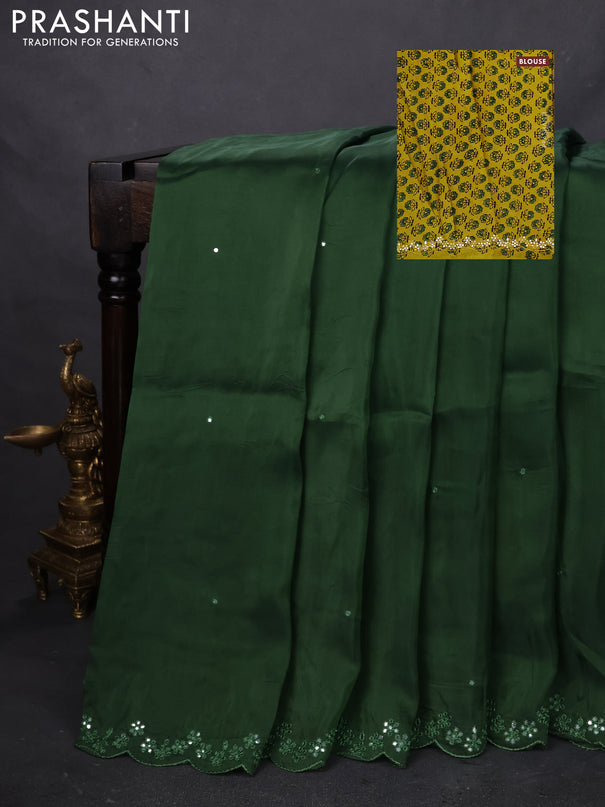 Satin crepe silk saree green and mustard yellow with mirror work and ajrakh printed blouse