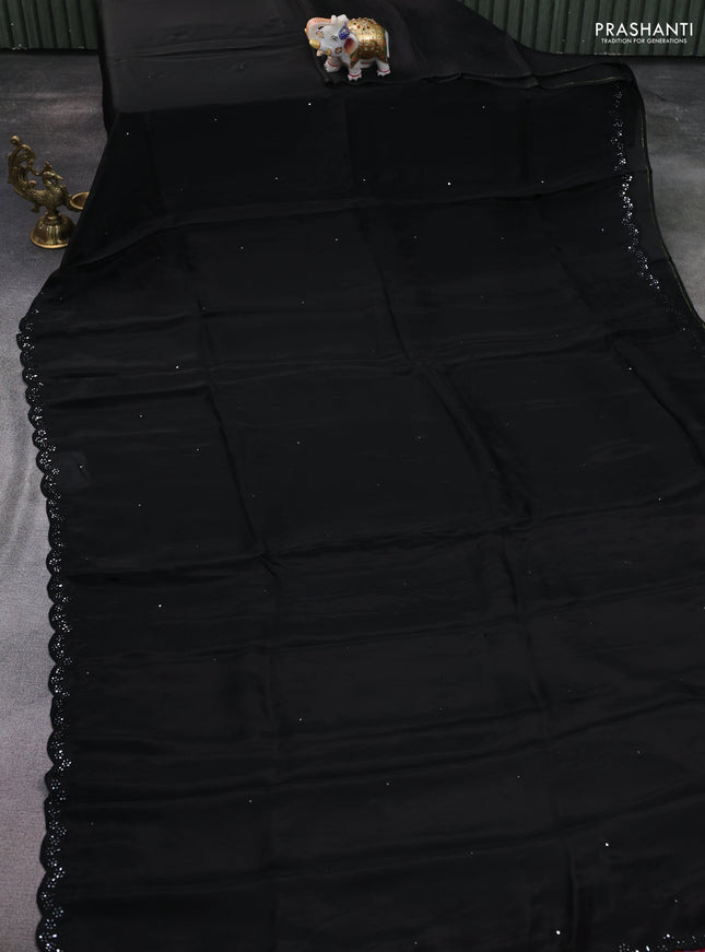 Satin crepe silk saree black and maroon with mirror work and ajrakh printed blouse