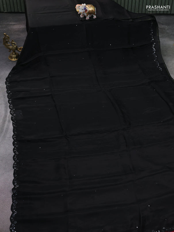 Satin crepe silk saree black and maroon with mirror work and ajrakh printed blouse