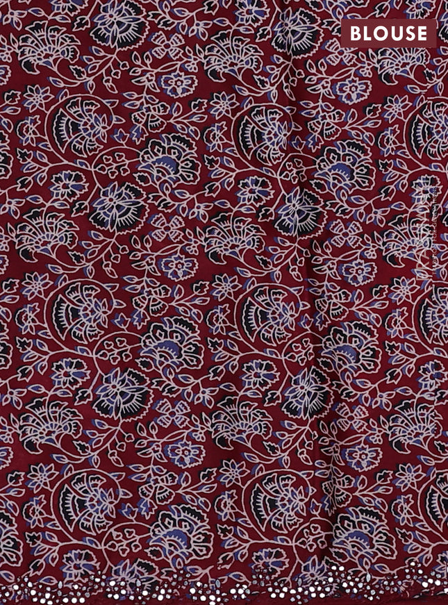 Satin crepe silk saree black and maroon with mirror work and ajrakh printed blouse