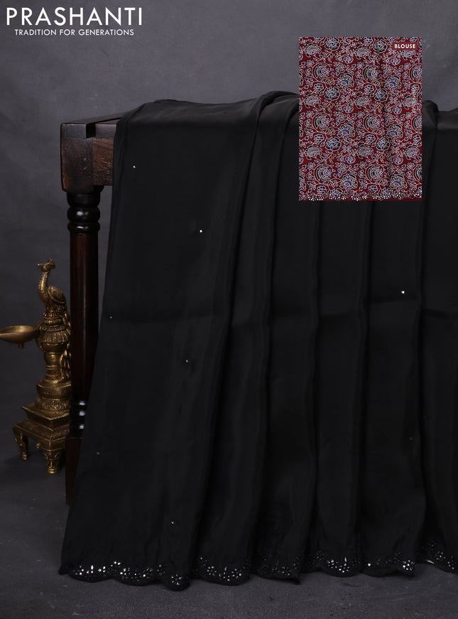 Satin crepe silk saree black and maroon with mirror work and ajrakh printed blouse