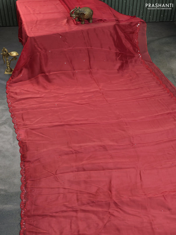 Satin crepe silk saree red and blue with mirror work and ajrakh printed blouse