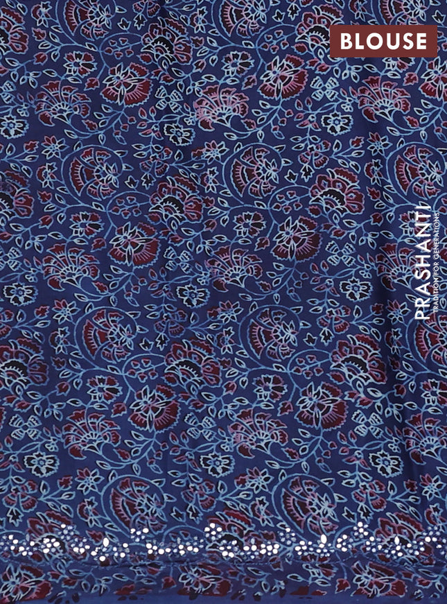 Satin crepe silk saree red and blue with mirror work and ajrakh printed blouse