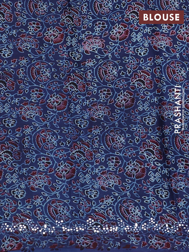 Satin crepe silk saree red and blue with mirror work and ajrakh printed blouse