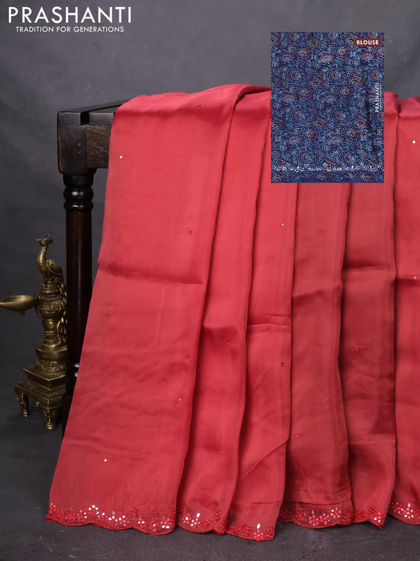 Satin crepe silk saree red and blue with mirror work and ajrakh printed blouse