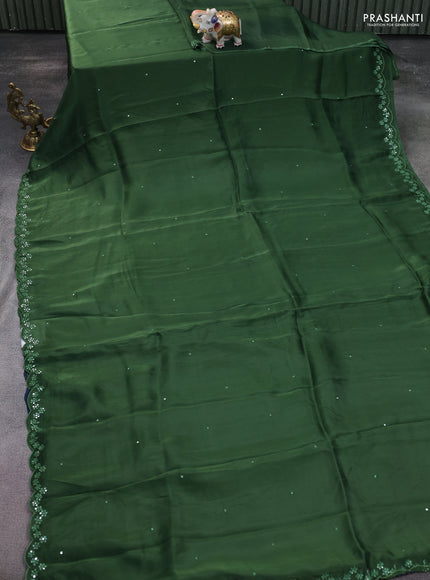 Satin crepe silk saree green and blue with mirror work and ajrakh printed blouse
