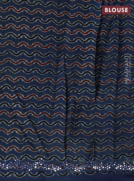 Satin crepe silk saree green and blue with mirror work and ajrakh printed blouse