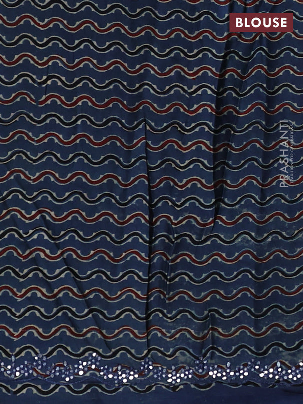 Satin crepe silk saree green and blue with mirror work and ajrakh printed blouse