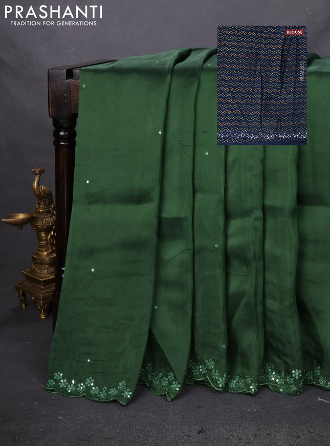 Satin crepe silk saree green and blue with mirror work and ajrakh printed blouse