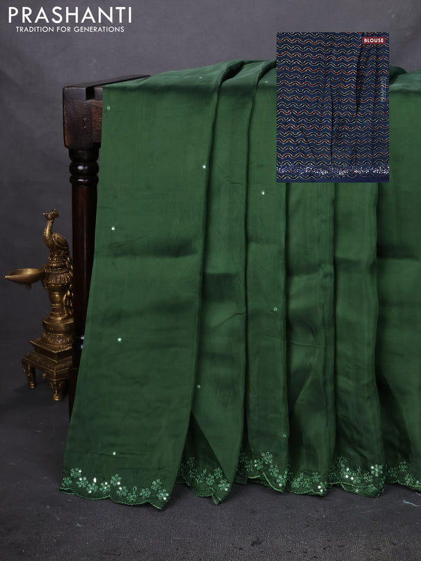 Satin crepe silk saree green and blue with mirror work and ajrakh printed blouse