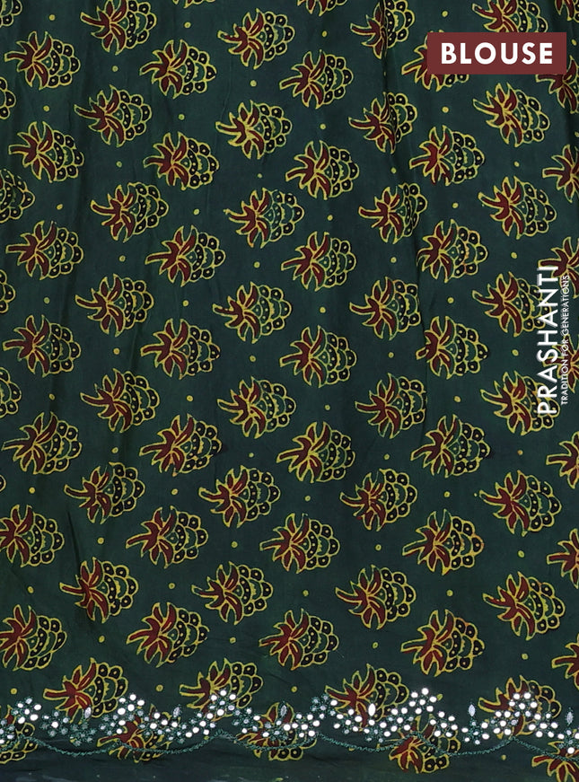 Satin crepe silk saree mustard yellow and green with mirror work and ajrakh printed blouse