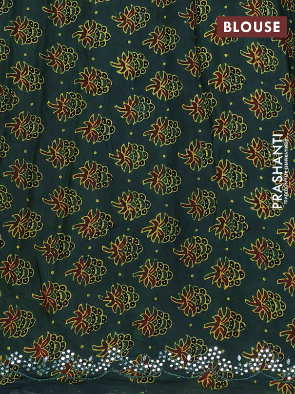Satin crepe silk saree mustard yellow and green with mirror work and ajrakh printed blouse