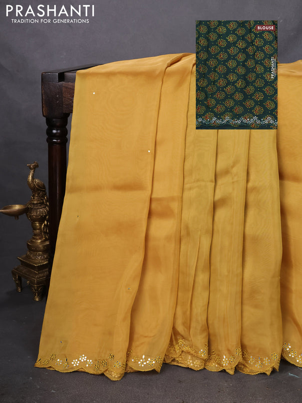 Satin crepe silk saree mustard yellow and green with mirror work and ajrakh printed blouse