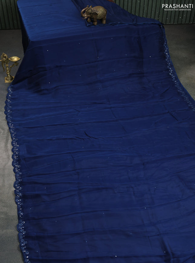 Satin crepe silk saree peacock blue and maroon with mirror work and ajrakh printed blouse