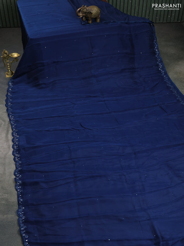 Satin crepe silk saree peacock blue and maroon with mirror work and ajrakh printed blouse