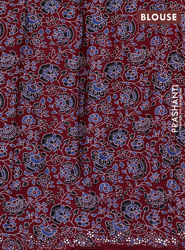 Satin crepe silk saree peacock blue and maroon with mirror work and ajrakh printed blouse