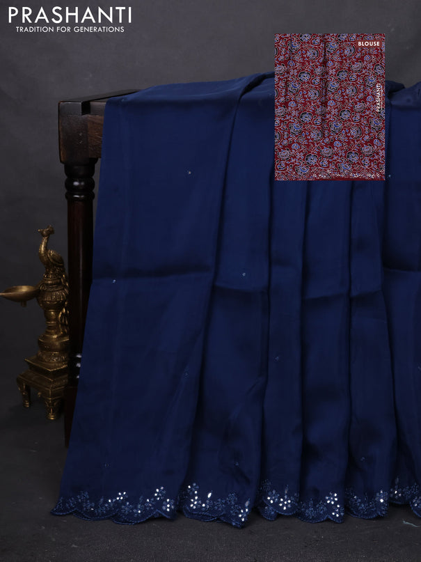 Satin crepe silk saree peacock blue and maroon with mirror work and ajrakh printed blouse