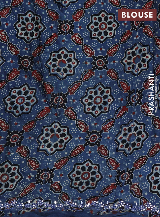 Satin crepe silk saree sandal and blue with mirror work and ajrakh printed blouse