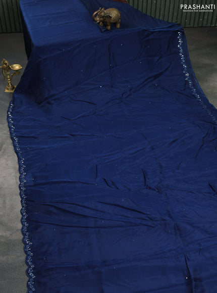 Satin crepe silk saree peacock blue and maroon with mirror work and ajrakh printed blouse