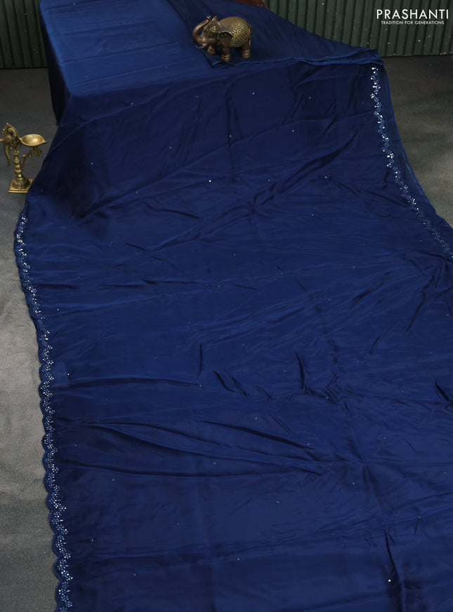 Satin crepe silk saree peacock blue and maroon with mirror work and ajrakh printed blouse