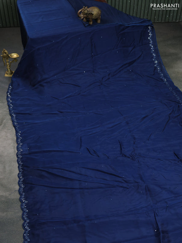 Satin crepe silk saree peacock blue and maroon with mirror work and ajrakh printed blouse