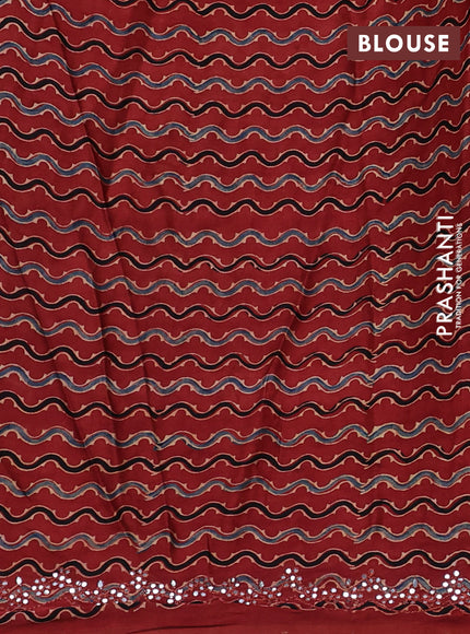 Satin crepe silk saree peacock blue and maroon with mirror work and ajrakh printed blouse