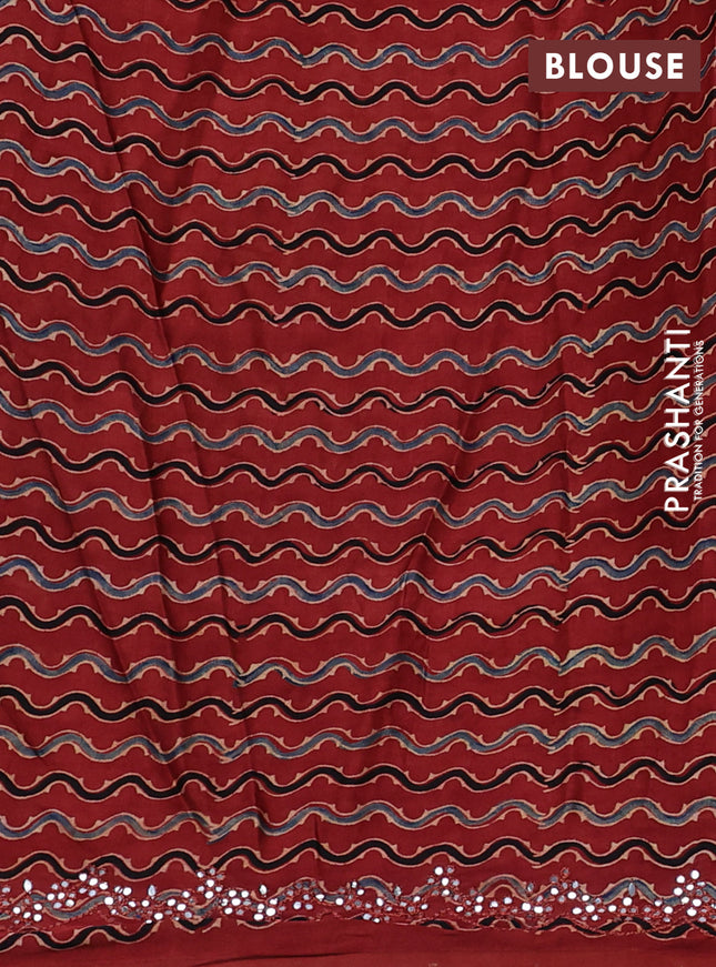 Satin crepe silk saree peacock blue and maroon with mirror work and ajrakh printed blouse