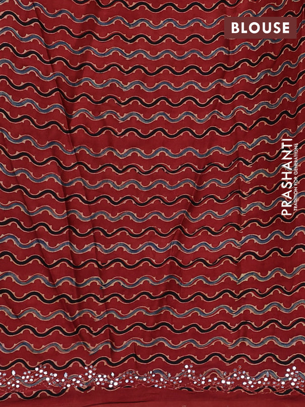 Satin crepe silk saree peacock blue and maroon with mirror work and ajrakh printed blouse