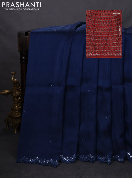 Satin crepe silk saree peacock blue and maroon with mirror work and ajrakh printed blouse