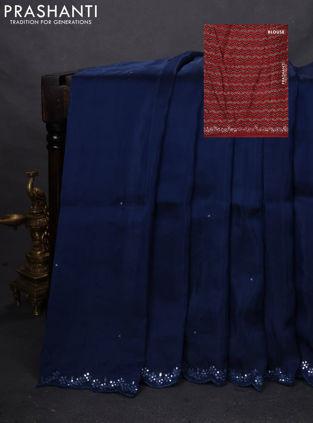 Satin crepe silk saree peacock blue and maroon with mirror work and ajrakh printed blouse