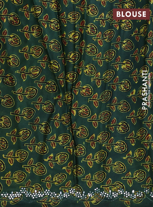 Satin crepe silk saree mustard yellow and green with mirror work and ajrakh printed blouse