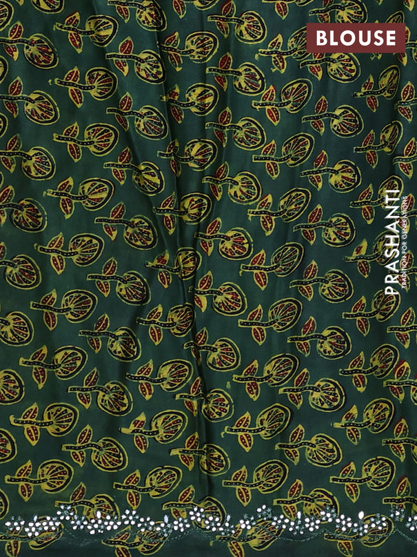 Satin crepe silk saree mustard yellow and green with mirror work and ajrakh printed blouse