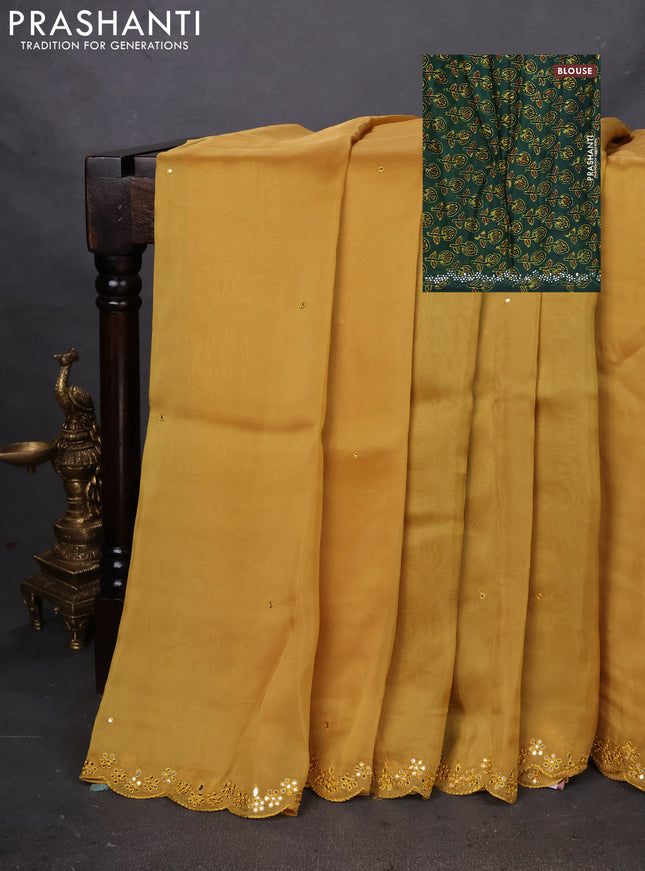 Satin crepe silk saree mustard yellow and green with mirror work and ajrakh printed blouse