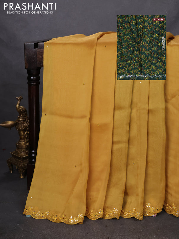 Satin crepe silk saree mustard yellow and green with mirror work and ajrakh printed blouse