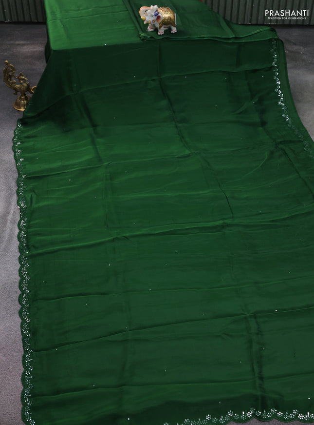 Satin crepe silk saree sap green and blue with mirror work and ajrakh printed blouse