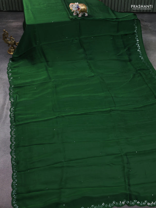 Satin crepe silk saree sap green and blue with mirror work and ajrakh printed blouse