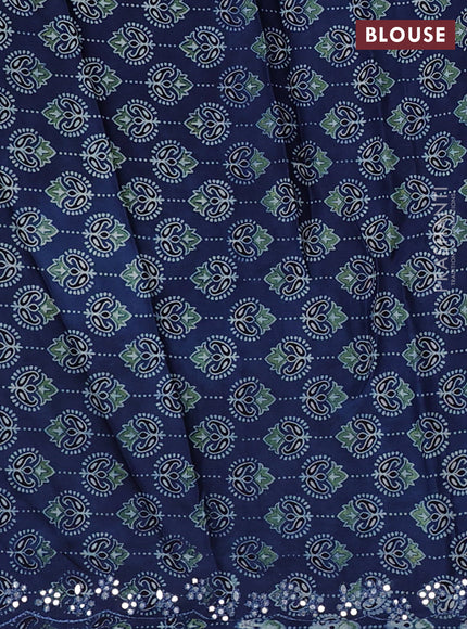 Satin crepe silk saree sap green and blue with mirror work and ajrakh printed blouse