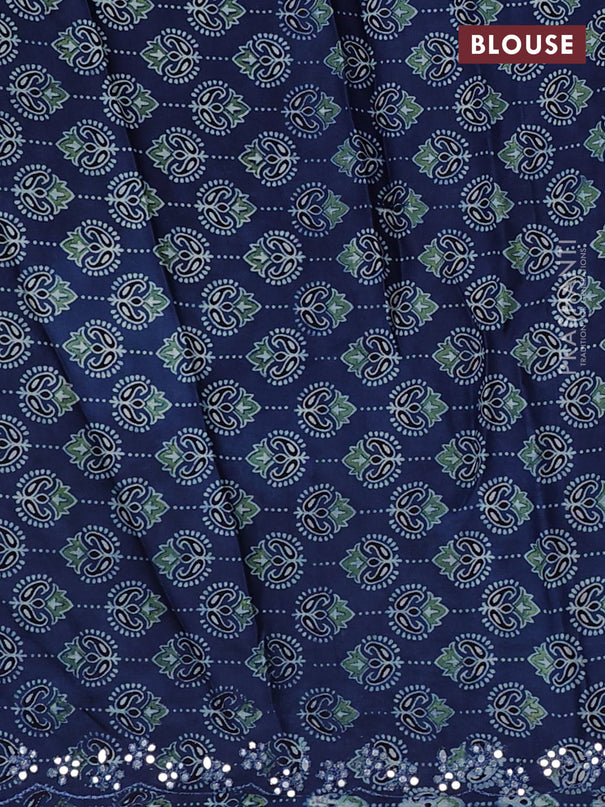 Satin crepe silk saree sap green and blue with mirror work and ajrakh printed blouse
