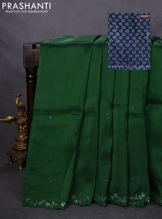 Satin crepe silk saree sap green and blue with mirror work and ajrakh printed blouse