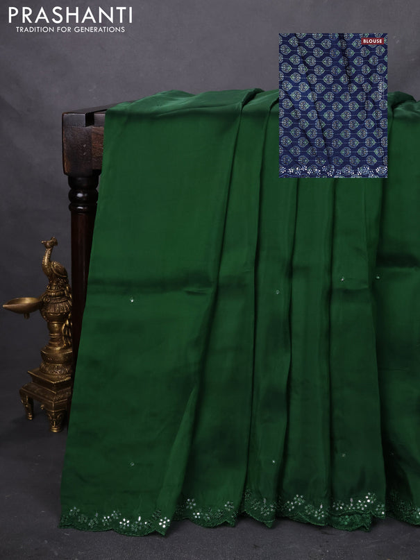 Satin crepe silk saree sap green and blue with mirror work and ajrakh printed blouse
