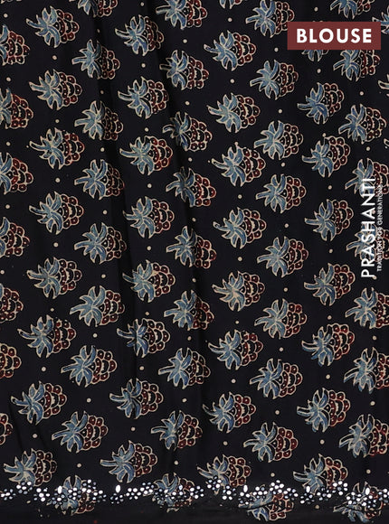 Satin crepe silk saree pale yellow and black with mirror work and ajrakh printed blouse