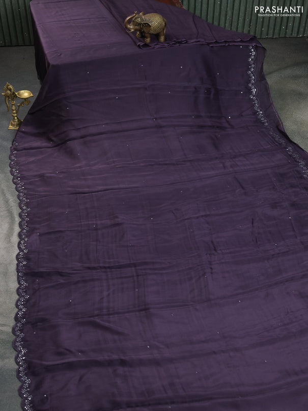 Satin crepe silk saree deep jamun and maroon with mirror work and ajrakh printed blouse