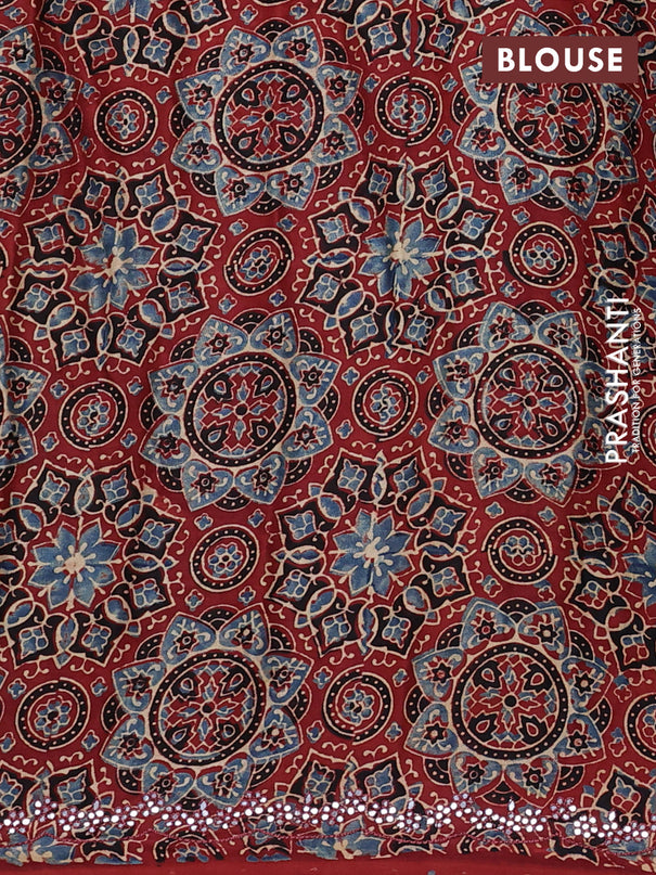 Satin crepe silk saree deep jamun and maroon with mirror work and ajrakh printed blouse