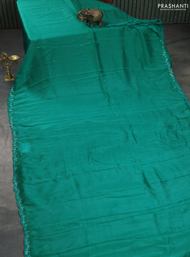 Satin crepe silk saree teal green and mustard yellow with mirror work and ajrakh printed blouse