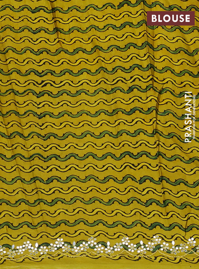 Satin crepe silk saree teal green and mustard yellow with mirror work and ajrakh printed blouse