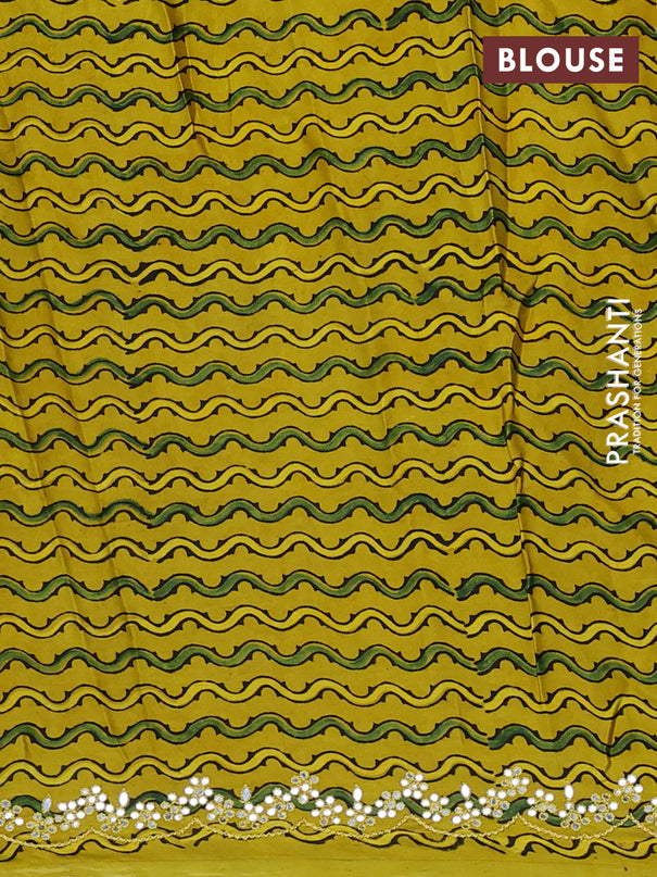 Satin crepe silk saree teal green and mustard yellow with mirror work and ajrakh printed blouse