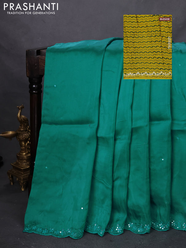 Satin crepe silk saree teal green and mustard yellow with mirror work and ajrakh printed blouse