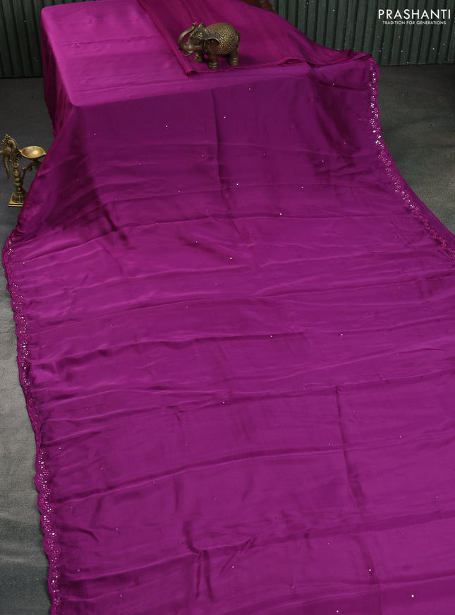 Satin crepe silk saree purple and blue with mirror work and ajrakh printed blouse