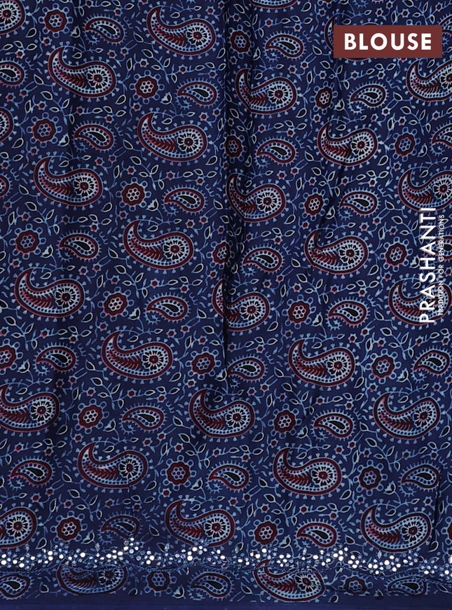 Satin crepe silk saree purple and blue with mirror work and ajrakh printed blouse