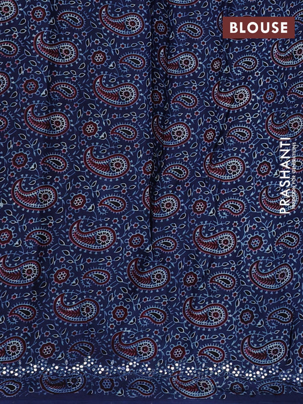 Satin crepe silk saree purple and blue with mirror work and ajrakh printed blouse